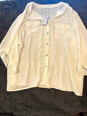 Collection Woman Women’s Plus Size 3X White Solid Button-Front 3/4 Sleeve Blouse